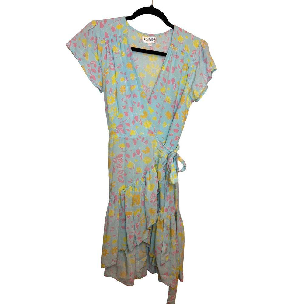 XIX Palms Floral Wrap Dress Womens L Blue Pink Yellow Ruffle Flutter Sleeve Boho - Picture 2 of 6